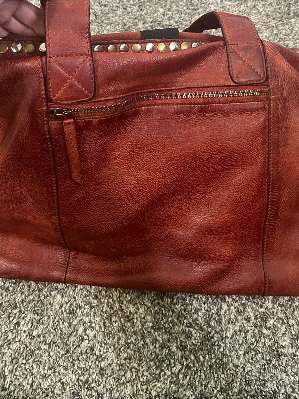 Leather Stud-Trim Tote with Braided Handles - Rust Red